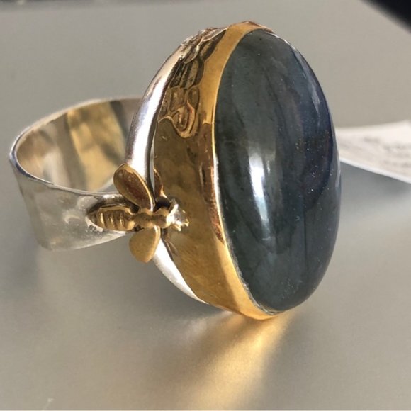 YS INDIA Oval Labradorite Bee Light Blue Ring sterling silver 925 & Brass sz.9 - Picture 14 of 16